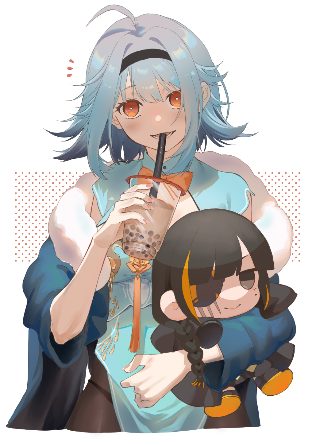 1girl bangs black_eyepatch black_eyes black_hair black_hairband black_legwear blue_hair blue_robe blush bow bowtie braid bubble_tea chibi cropped_legs cup doll drinking_straw eyebrows_visible_through_hair eyepatch flipped_hair fur-trimmed_robe girls_frontline hairband highres holding holding_cup holding_doll long_hair looking_at_viewer m16a1_(girls'_frontline) mole mole_under_eye multicolored_hair nail_polish open_mouth orange_bow orange_bowtie orange_eyes pale_skin pantyhose pink_nails rabb_horn short_hair simple_background single_braid smile solo standing t91_(girls'_frontline) t91_(snowy_plum_blossom)_(girls'_frontline) teeth