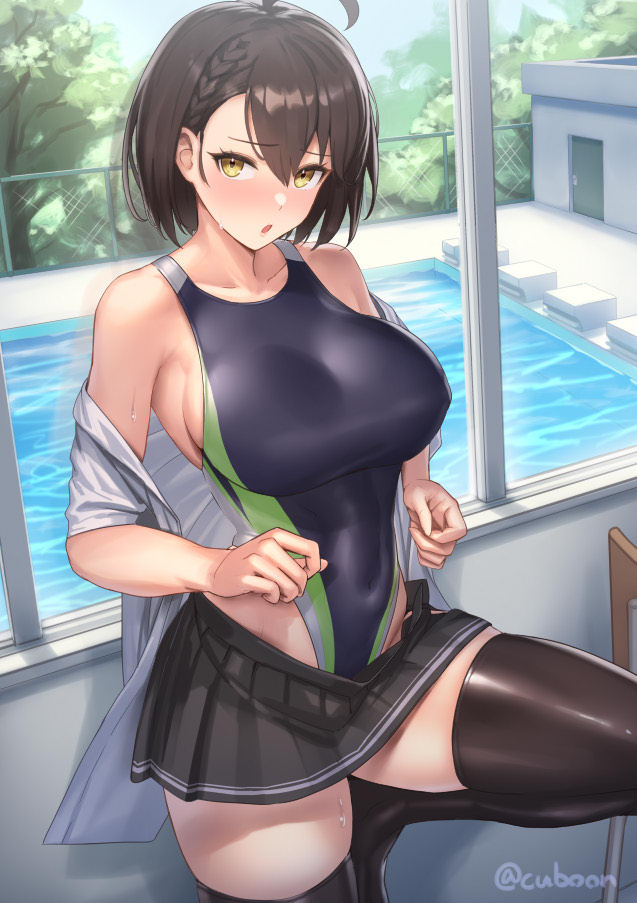1girl azur_lane baltimore_(azur_lane) bare_shoulders black_legwear breasts brown_hair clothes_pull competition_swimsuit cuboon highleg highleg_swimsuit knee_up large_breasts looking_at_viewer one-piece_swimsuit open_clothes open_shirt partially_undressed pool shirt short_hair skindentation skirt skirt_pull solo sweat swimsuit thick_thighs thigh-highs thighs wet yellow_eyes
