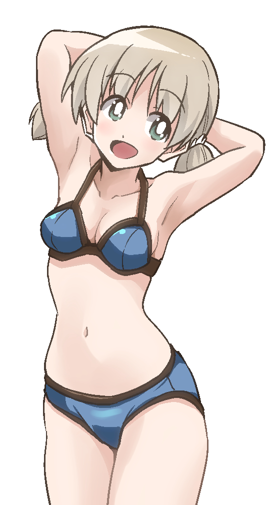1girl aki_(girls_und_panzer) arm_up armpits arms_behind_head bangs bikini blue_bikini breasts bright_pupils commentary cowboy_shot girls_und_panzer green_eyes hair_tie halterneck head_tilt light_brown_hair looking_at_viewer low_twintails navel open_mouth ponzu_rui short_hair short_twintails simple_background small_breasts smile solo standing swimsuit twintails white_background white_pupils