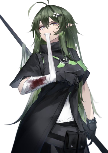 bandages black_coat blood elf girl green_hair long_ears pointed-ears sharp_teeth teeth yellow_eyes