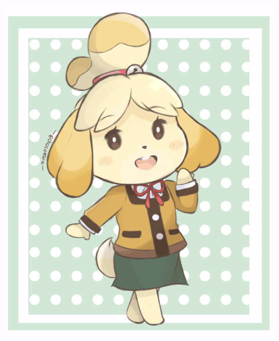 1girl animal_crossing blonde_hair border brown_eyes chocomiru dog_girl furry green_skirt happy isabelle_(animal_crossing) no_humans open_mouth personification polka_dot polka_dot_background shiny shiny_hair skirt smile solo