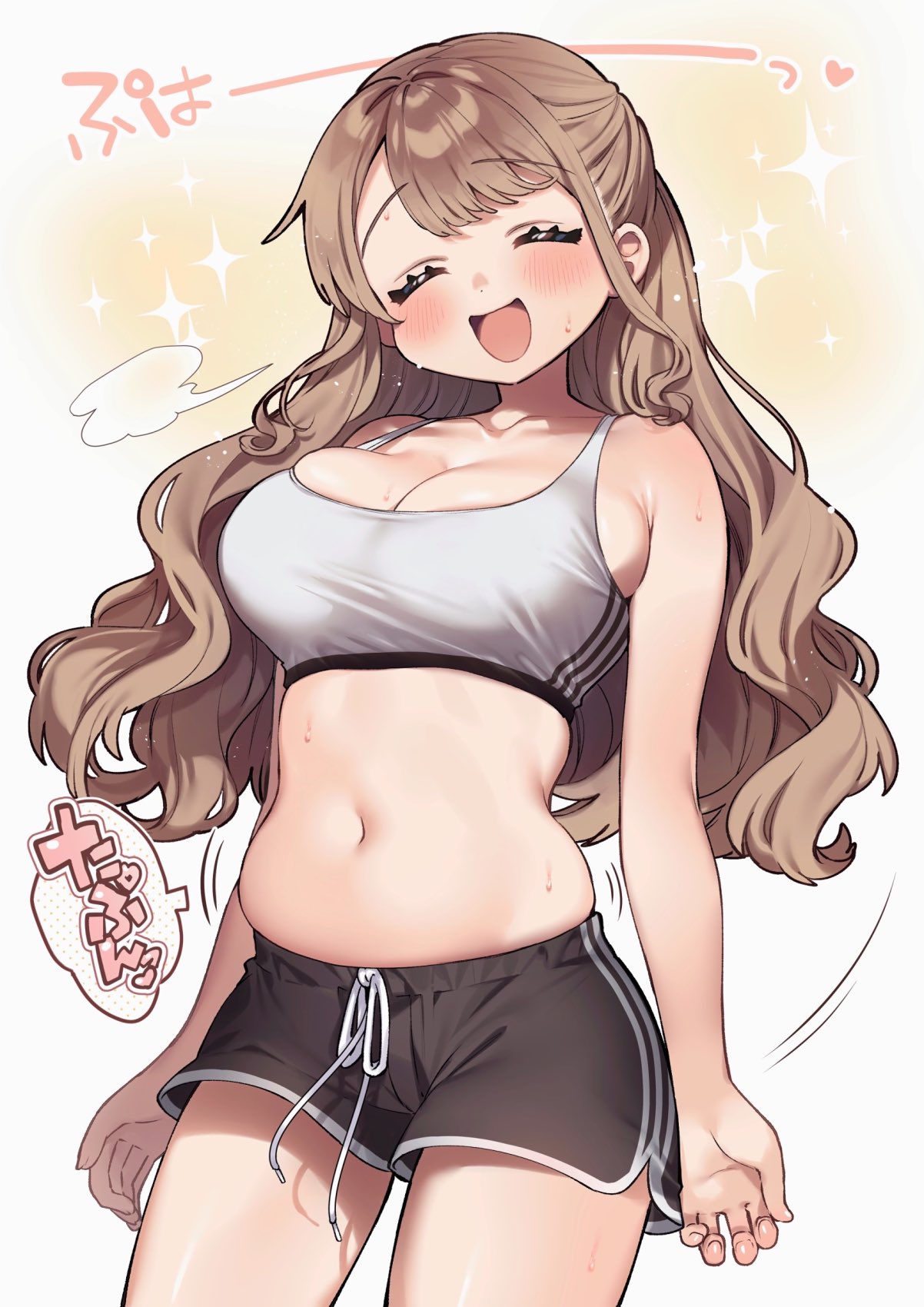 1girl :d =3 bangs bare_arms belly black_shorts blush breasts brown_hair commentary_request cowboy_shot eyebrows_visible_through_hair highres kodama_(sakura_yuki) large_breasts long_hair navel original sakura_yuki_(clochette) short_shorts shorts smile solo sparkle sports_bra standing stomach sweat translation_request white_background white_sports_bra