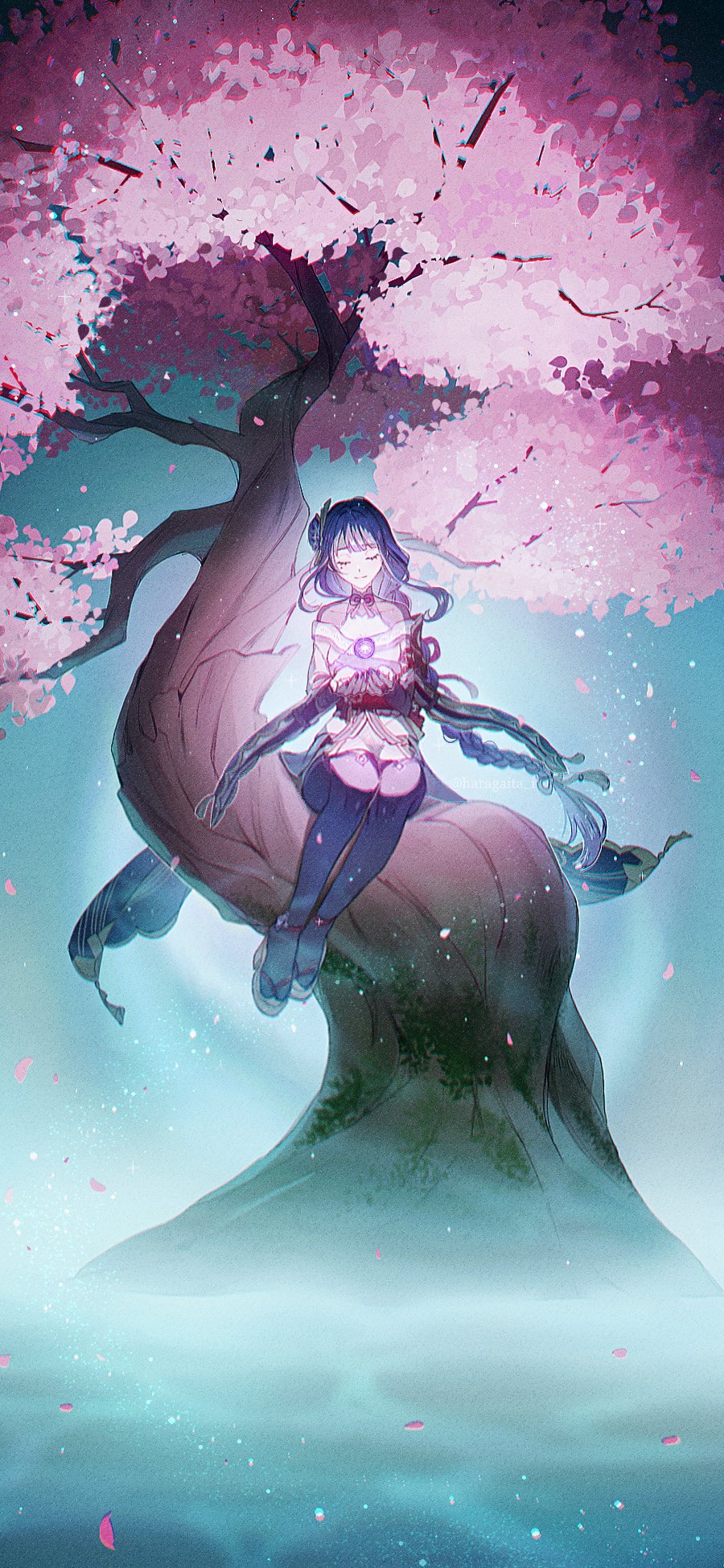 1girl braid braided_ponytail cherry_blossoms closed_eyes closed_mouth commentary cupping_hands facing_viewer full_body genshin_impact hair_ornament haragaita_i highres in_tree legs_together light_particles long_hair low-tied_long_hair mole mole_under_eye nail_polish off-shoulder_kimono petals purple_hair purple_legwear purple_nails raiden_shogun sitting sitting_in_tree smile solo symbol-only_commentary thigh-highs tree