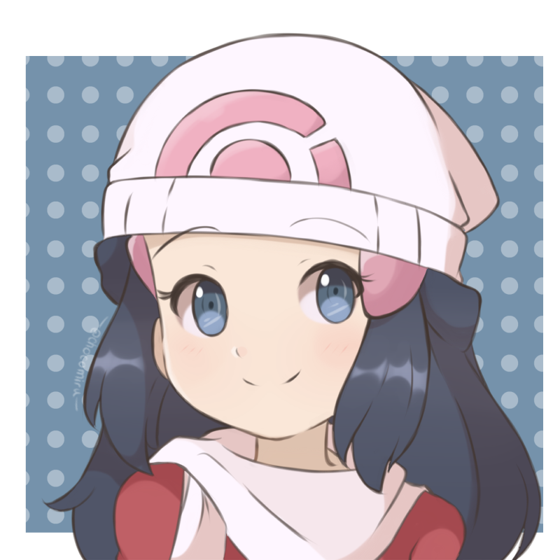 1girl blue_hair chocomiru coat hair_ornament happy hat hikari_(pokemon) long_hair pokemon pokemon_(game) pokemon_dppt pokemon_platinum polka_dot polka_dot_background red_coat scarf smile solo upper_body winter_clothes winter_coat