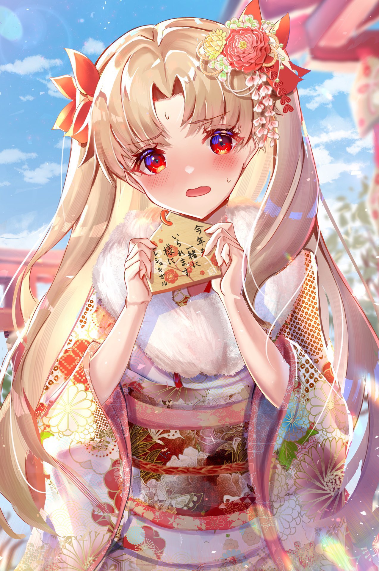 1girl bangs blonde_hair blue_sky blurry blurry_background blush chiachun0621 clouds cloudy_sky commentary day depth_of_field ema ereshkigal_(fate) eyebrows_visible_through_hair fate/grand_order fate_(series) floral_print frown fur_scarf hair_ornament highres holding japanese_clothes kimono long_hair long_sleeves looking_at_viewer new_year obi open_mouth outdoors parted_bangs print_kimono red_eyes sash sky solo sweatdrop translated two_side_up white_kimono wide_sleeves
