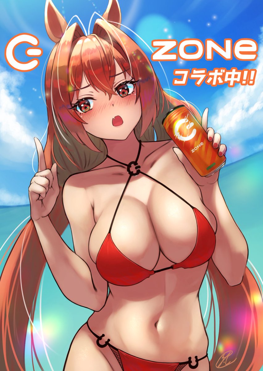 1girl animal_ears bikini blue_sky blush breasts c_(theta) can clouds daiwa_scarlet_(umamusume) day eyebrows_visible_through_hair highres holding holding_can horse_ears horse_girl index_finger_raised large_breasts long_hair navel ocean red_bikini red_eyes redhead sky solo swimsuit twintails umamusume