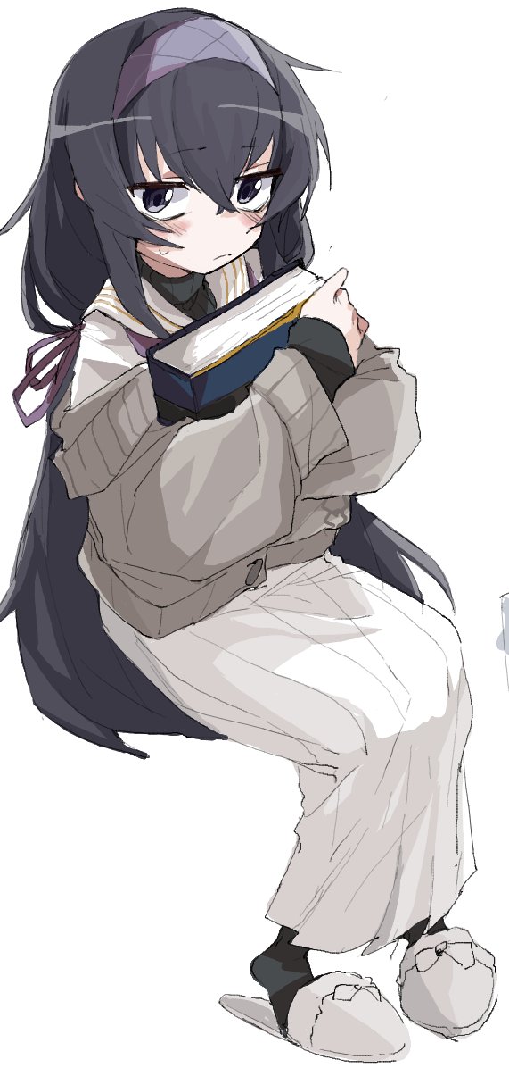 1girl bangs black_eyes black_legwear blue_archive blush book closed_mouth crossed_bangs full_body grey_footwear hair_between_eyes hair_ribbon hairband holding holding_book invisible_chair long_hair long_skirt long_sleeves looking_at_viewer low_twintails purple_hairband ribbon rkgk_ojisan sailor_collar simple_background sitting skirt slippers solo sweat twintails ui_(blue_archive) very_long_hair white_background white_sailor_collar white_skirt