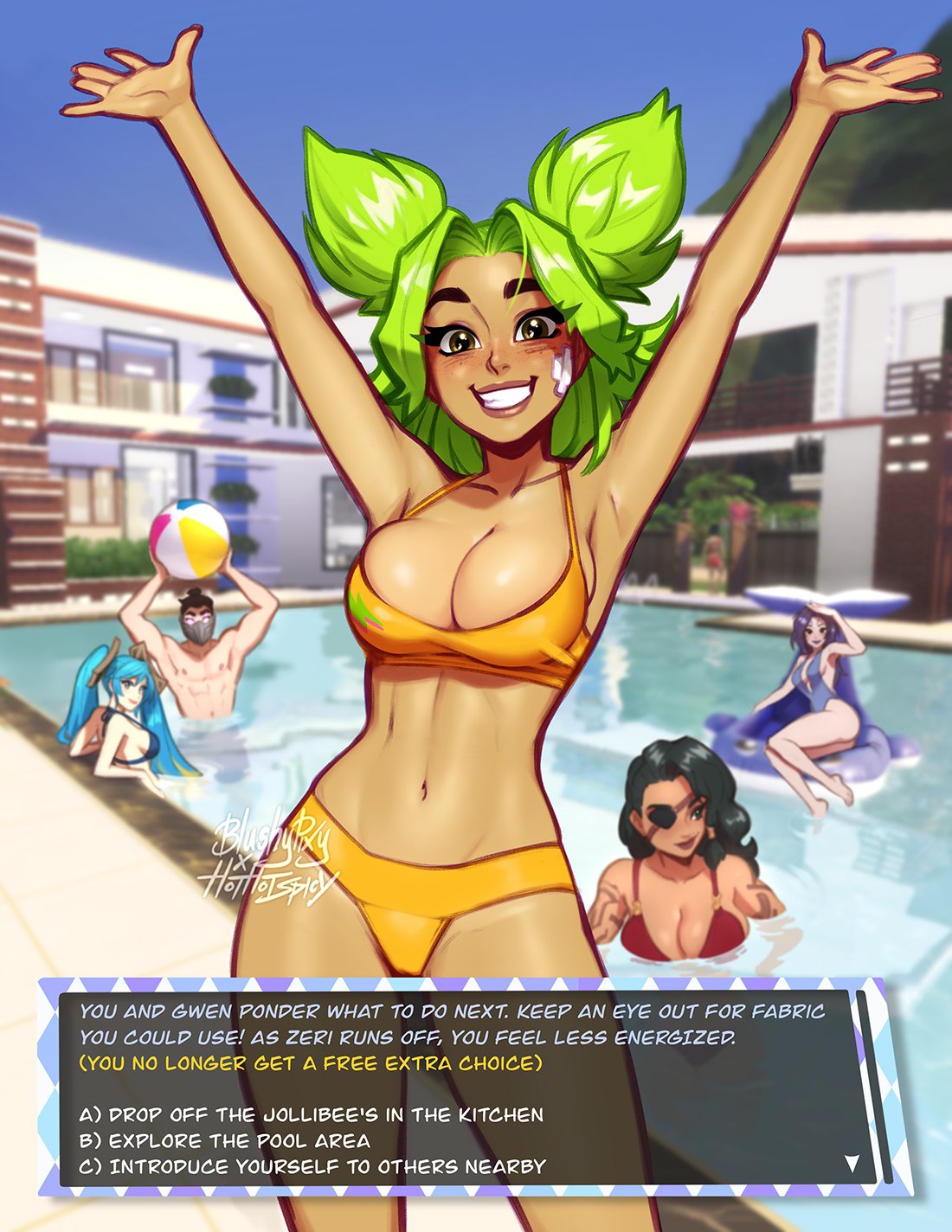 1boy 4girls arms_up ball bandaid bandaid_on_face bangs bare_shoulders beachball black_eyepatch blush blushy-pixy breasts character_request closed_eyes collarbone english_text eyepatch grin highres large_breasts league_of_legends long_hair multiple_girls navel one-piece_swimsuit pool samira shen_(league_of_legends) shiny shiny_hair shiny_skin short_hair signature skindentation smile sona_(league_of_legends) stomach swimsuit tan teeth twintails water zeri_(league_of_legends)