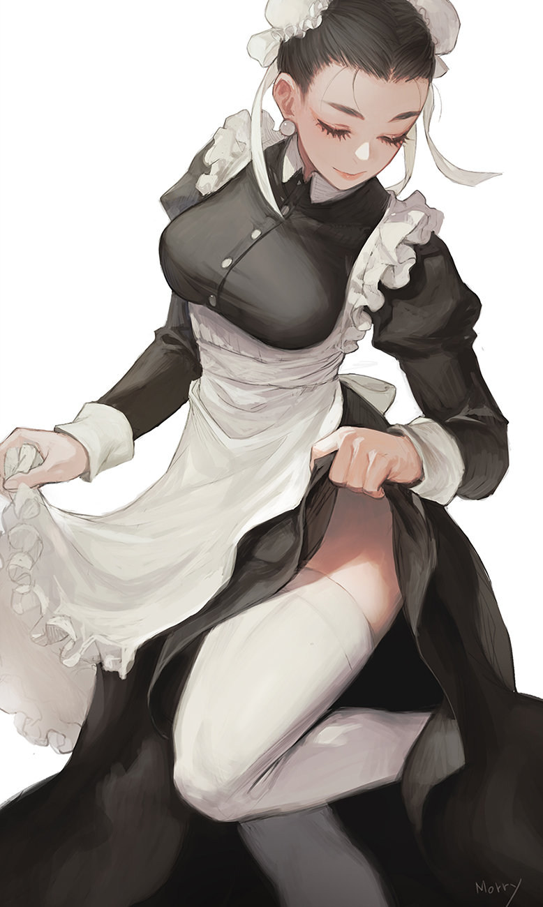 1girl apron apron_lift artist_name black_hair breasts chun-li closed_eyes closed_mouth clothes_lift collared_shirt double_bun dress earrings eyelashes frilled_apron frilled_dress frills highres jewelry large_breasts leg_up lips long_sleeves looking_down maid maid_apron maid_headdress morry pulled_by_self shirt skirt skirt_lift smile solo street_fighter thigh-highs thighs white_legwear wrist_cuffs