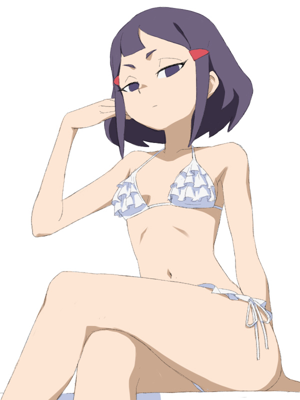 1girl arm_support armpits asymmetrical_bangs avery_(little_witch_academia) bangs bare_shoulders bikini blunt_bangs breasts closed_mouth collarbone crossed_legs expressionless feet_out_of_frame frilled_bikini frills hair_ornament hairclip halterneck hand_on_own_face hand_up little_witch_academia looking_at_viewer medium_hair navel no_pupils purple_hair satochi short_bangs short_eyebrows side-tie_bikini sidelocks simple_background sitting small_breasts solo swimsuit violet_eyes white_background white_bikini