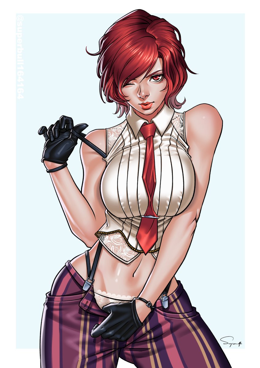 1girl bangs bare_arms bare_shoulders breasts commission eyebrows_visible_through_hair gloves highres large_breasts looking_at_viewer necktie open_pants pants pants_pull pinstripe_pants pinstripe_pattern red_eyes redhead sleeveless snk solo striped superbull164164 suspenders the_king_of_fighters the_king_of_fighters_xv unzipped vanessa_(kof)