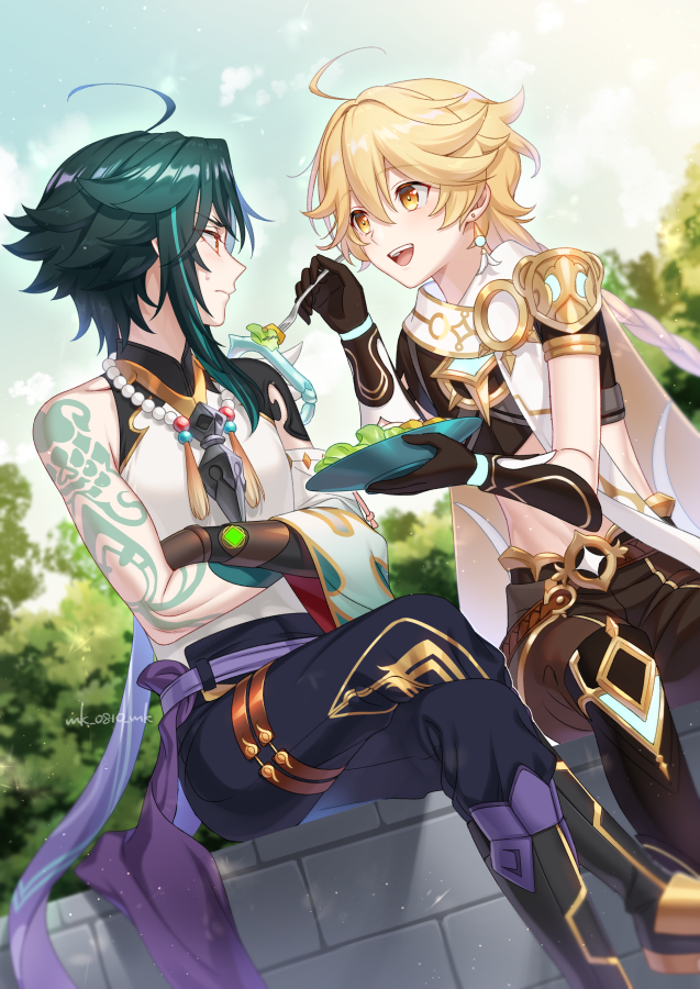 2boys aether_(genshin_impact) ahoge ar_(rikuesuto) asymmetrical_clothes bangs bead_necklace beads black_hair blonde_hair blush braid breasts closed_mouth diamond-shaped_pupils diamond_(shape) dish earrings eating eyebrows_visible_through_hair frown genshin_impact gloves green_hair hair_between_eyes hair_ornament jewelry long_hair long_sleeves male_focus multicolored_hair multiple_boys necklace open_mouth parted_bangs short_hair short_hair_with_long_locks sidelocks simple_background single_bare_shoulder single_braid slit_pupils smile symbol-shaped_pupils toned toned_male two-tone_hair xiao_(genshin_impact) yellow_eyes