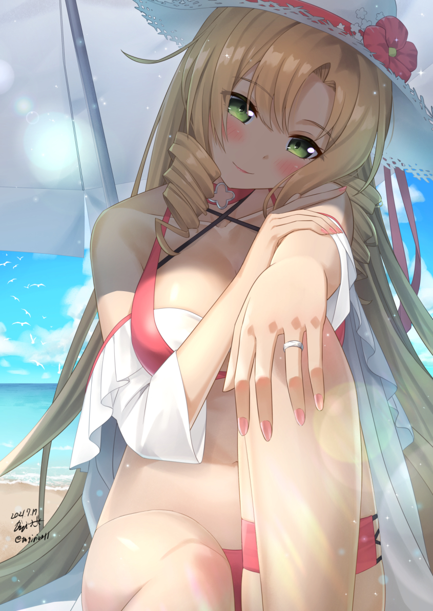 1girl bangs beach blonde_hair blush breasts closed_mouth collarbone drill_locks eyebrows_visible_through_hair flower_hat fn-49_(daydream_under_the_parasol)_(girls'_frontline) fn-49_(girls'_frontline) girls_frontline green_eyes hand_on_own_arm hand_on_own_knee hat jewelry lips long_hair looking_at_viewer medium_breasts nail_polish navel ocean ocean_bottom pink_nails pink_swimsuit ring sand sarasa_(kanbi) sitting smile solo sun_hat swimsuit white_headwear