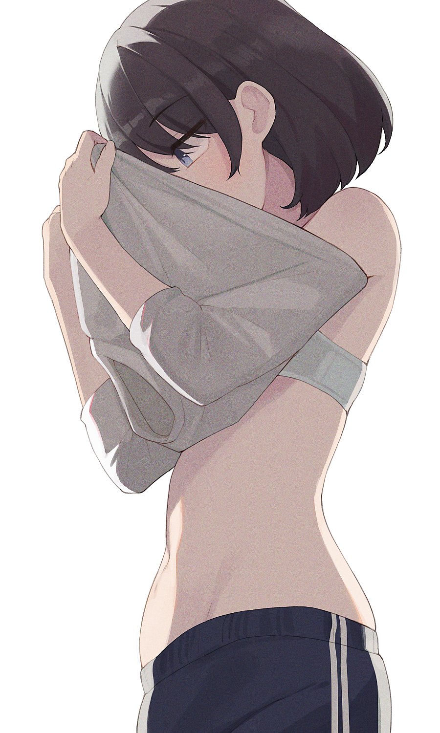 1girl black_shorts blue_eyes bra bra_strap brown_hair clothes_pull dressing eyebrows_visible_through_hair grey_shirt highres hiroki_(yyqw7151) navel off_shoulder original shirt shirt_pull shirt_removed short_hair shorts striped underwear white_stripes