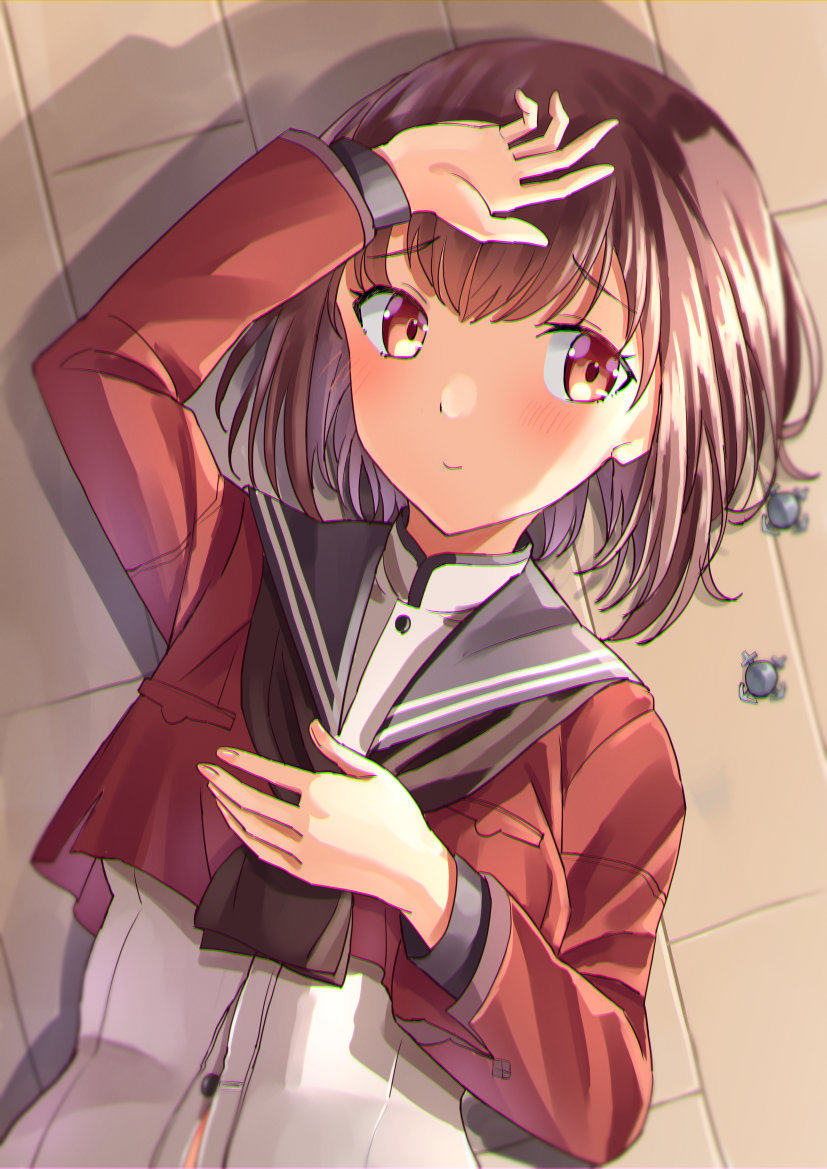 1girl blush brown_eyes brown_hair buttons closed_mouth dress eyebrows_visible_through_hair floor grey_sailor_collar hair_between_eyes kantai_collection long_sleeves mayura2002 sailor_collar sailor_dress short_hair smile solo tan_yang_(kancolle) upper_body white_dress yukikaze_(kancolle)