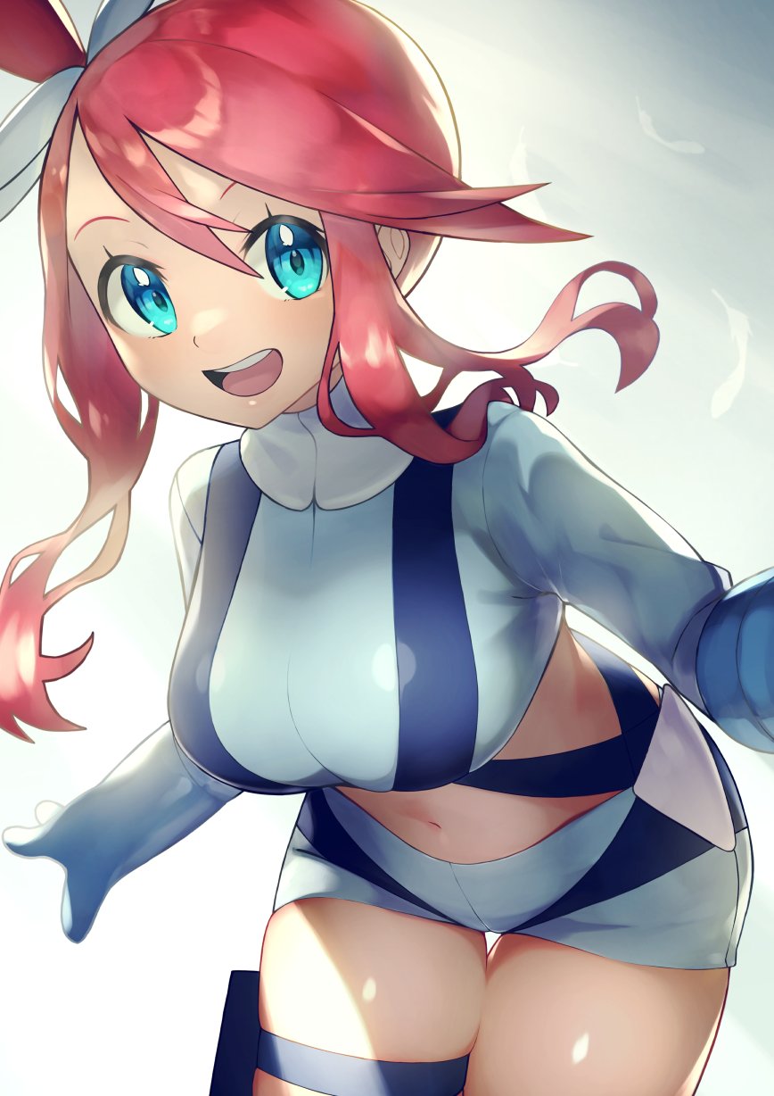 1girl :d backlighting blue_eyes blue_gloves blue_shirt blue_shorts breasts commentary_request elbow_gloves feathers floating_hair gloves hair_ornament highres holster large_breasts leaning_forward long_sleeves navel open_mouth pokemon pokemon_(game) pokemon_bw redhead rindoriko shirt short_shorts shorts sidelocks skyla_(pokemon) smile solo stomach suspenders teeth thigh_gap thigh_holster thighs upper_teeth