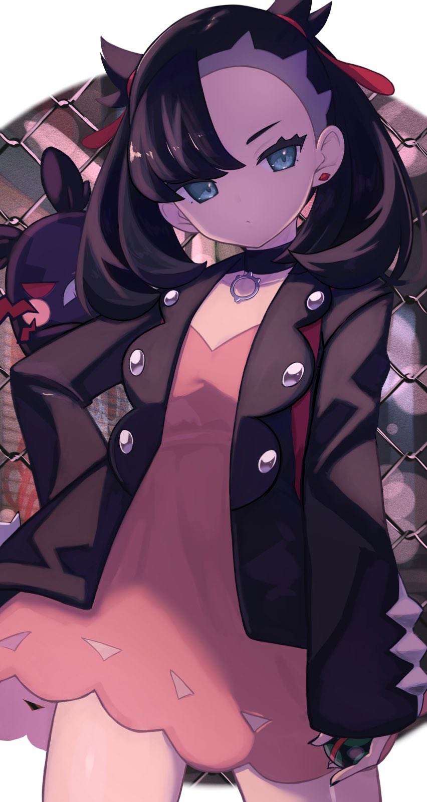 1girl asymmetrical_bangs bangs black_choker black_hair black_nails brown_jacket choker closed_mouth commentary_request dress dusk_ball earrings green_eyes hair_ribbon head_tilt highres holding holding_poke_ball jacket jewelry marnie_(pokemon) morpeko morpeko_(hangry) nail_polish nuneno open_clothes open_jacket pink_dress poke_ball pokemon pokemon_(creature) pokemon_(game) pokemon_swsh red_ribbon ribbon spikemuth twintails