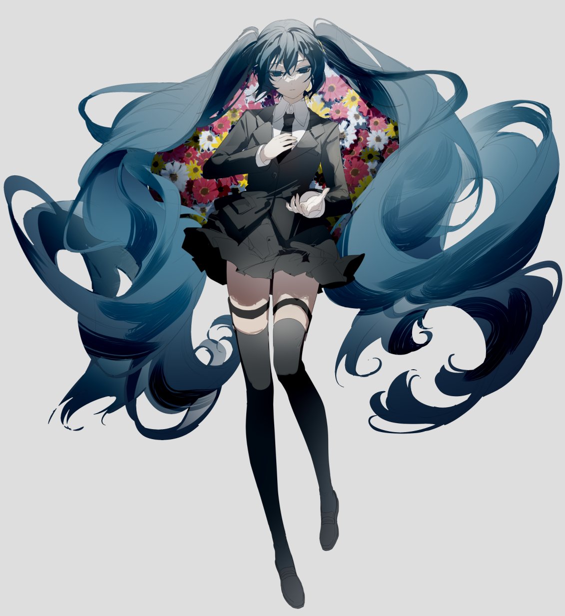 1girl aqua_eyes aqua_hair black_clothes black_footwear black_legwear black_necktie blank_stare closed_mouth empty_eyes expressionless floating_hair flower garters half-closed_eyes hand_on_own_chest hatsune_miku highres liita_(dusk_snow) long_hair looking_down miniskirt necktie outstretched_arm pale_skin pigeon-toed pleated_skirt saihate_(vocaloid) serious shoes skirt solo thigh-highs twintails very_long_hair vocaloid zettai_ryouiki
