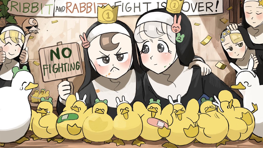 &gt;_&lt; 5girls :&lt; ^_^ animal_ears bandaid banner bird blonde_hair bound_together brown_hair bunny_hair_ornament bunny_nun_(diva) catholic chicken closed_eyes commentary confetti crown diva_(hyxpk) double_thumbs_up duck duckling english_commentary english_text fake_animal_ears footprints frog_headband grey_hair habit hair_ornament half-bang_nun_(diva) hand_on_another's_head hand_on_another's_shoulder hanging_plant holding holding_sign hook-bang_nun_(diva) little_nuns_(diva) mini_crown multiple_girls nun ostrich protagonist_nun_(diva) rabbit_ears shelf sign smile star_(symbol) star_nun_(diva) sticker tape tearing_up thumbs_up