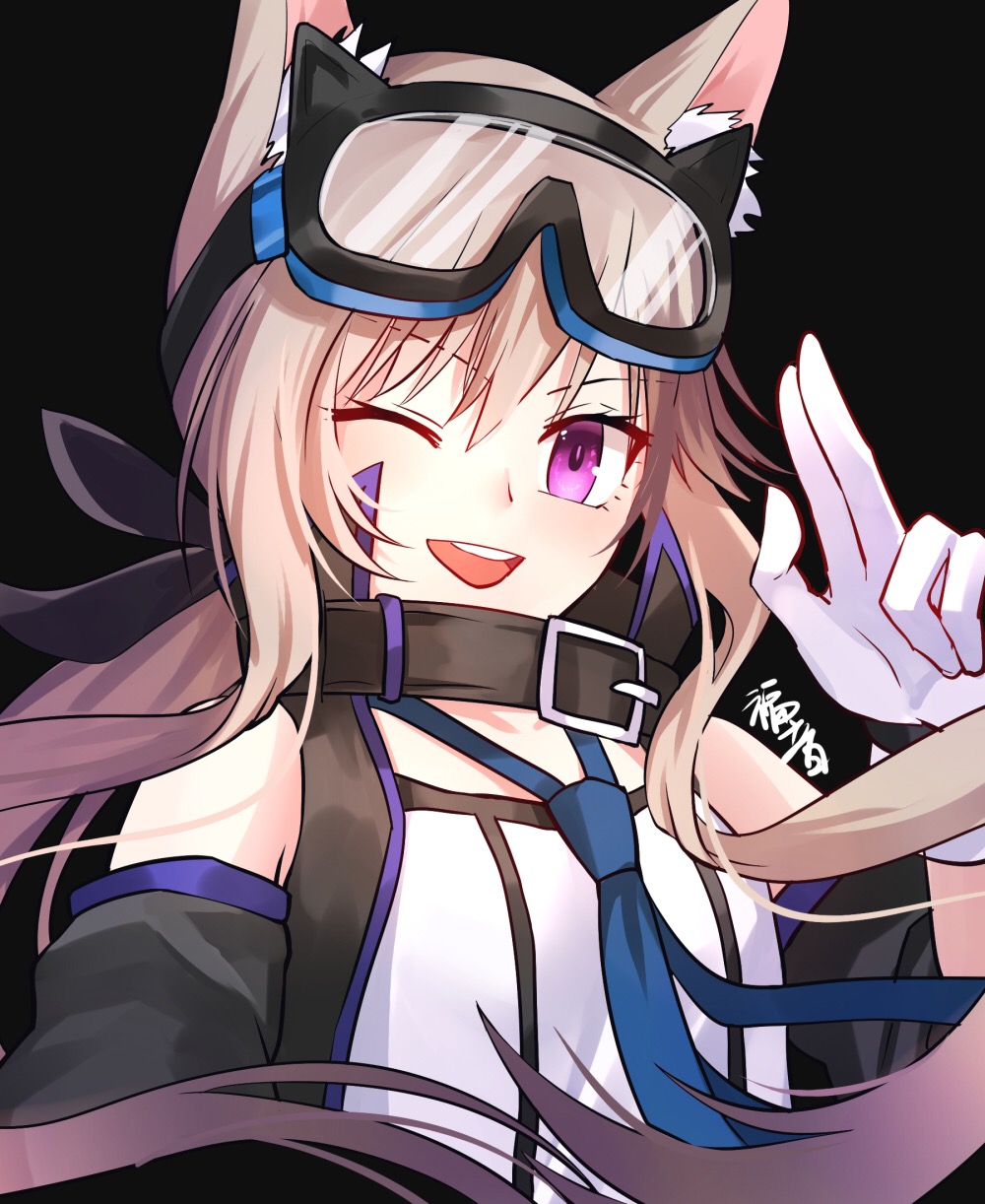 1girl ;d animal_ear_fluff animal_ears arknights black_background black_collar black_jacket black_neckerchief black_sleeves blue_necktie brown_hair cardigan_(arknights) collar detached_sleeves dog_ears eyebrows_visible_through_hair gloves gogatsu_fukuin goggles goggles_on_head hair_between_eyes highres jacket looking_at_viewer multicolored_hair neckerchief necktie one_eye_closed open_clothes open_jacket open_mouth shirt sidelocks smile solo streaked_hair teeth upper_body upper_teeth violet_eyes white_gloves white_shirt