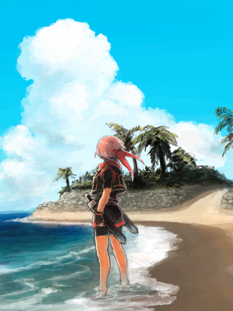1boy beach black_gloves black_shorts black_vest blue_sky bodystocking clouds facing_away fingerless_gloves from_behind from_side gensou_suikoden gensou_suikoden_iv gloves headband lazlo_(gensou_suikoden) male_focus maru-pan nature ocean palm_tree red_scarf redhead retaining_wall road scarf short_hair short_sleeves shorts sky solo standing tree vest wading