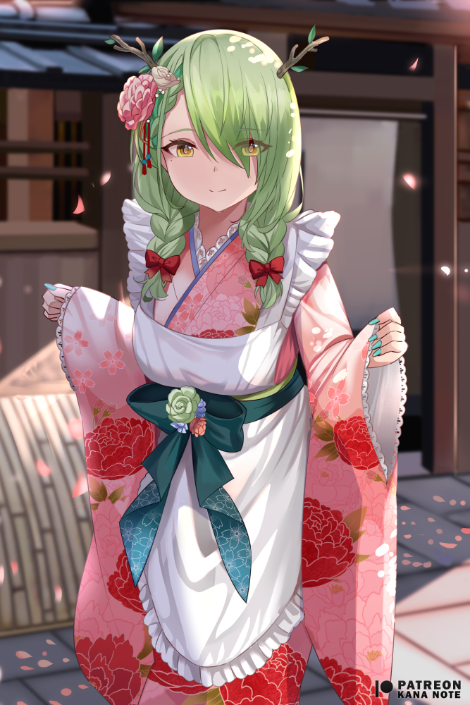 1girl antlers apron bangs bow braid branch ceres_fauna closed_mouth commentary english_commentary eyes_visible_through_hair floral_print flower frilled_apron frills green_hair green_nails hair_bow hair_flower hair_ornament hair_over_one_eye hair_over_shoulder hololive hololive_english japanese_clothes kananote kimono long_hair long_sleeves mole mole_under_eye nail_polish outdoors patreon_username petals pink_flower pink_kimono print_kimono red_bow smile solo twin_braids virtual_youtuber white_apron yellow_eyes