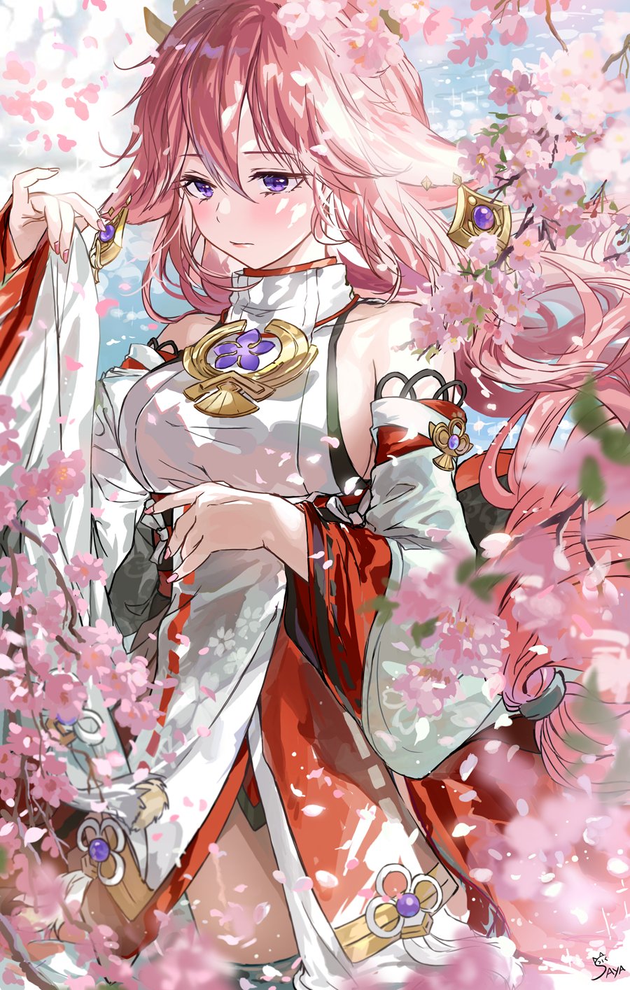 1girl animal_ears arm_under_breasts bangs bare_shoulders breasts cherry_blossoms day detached_sleeves fox_ears fox_girl genshin_impact hair_between_eyes hair_ornament highres japanese_clothes jewelry large_breasts long_hair miko nail_polish outdoors pink_hair pink_nails saya_(mychristian2) solo standing tree violet_eyes wide_sleeves yae_miko