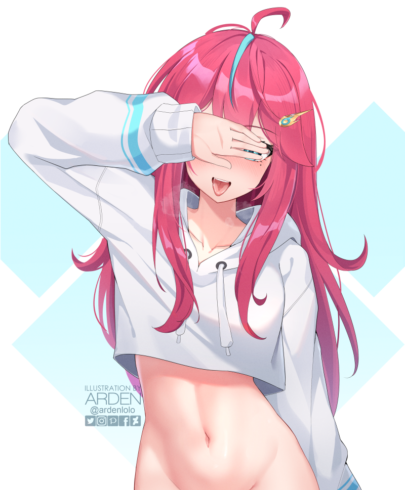 1girl :d ahoge ardenlolo arm_up blue_eyes collarbone covering_eyes crop_top crop_top_overhang drawstring elaine_(kometa_virtual_live) hair_ornament hairclip hood hood_down hoodie kometa_virtual_live long_hair long_sleeves looking_at_viewer midriff mole mole_under_eye multicolored_hair navel pink_hair smile solo stomach streaked_hair tongue tongue_out upper_body virtual_youtuber white_hoodie