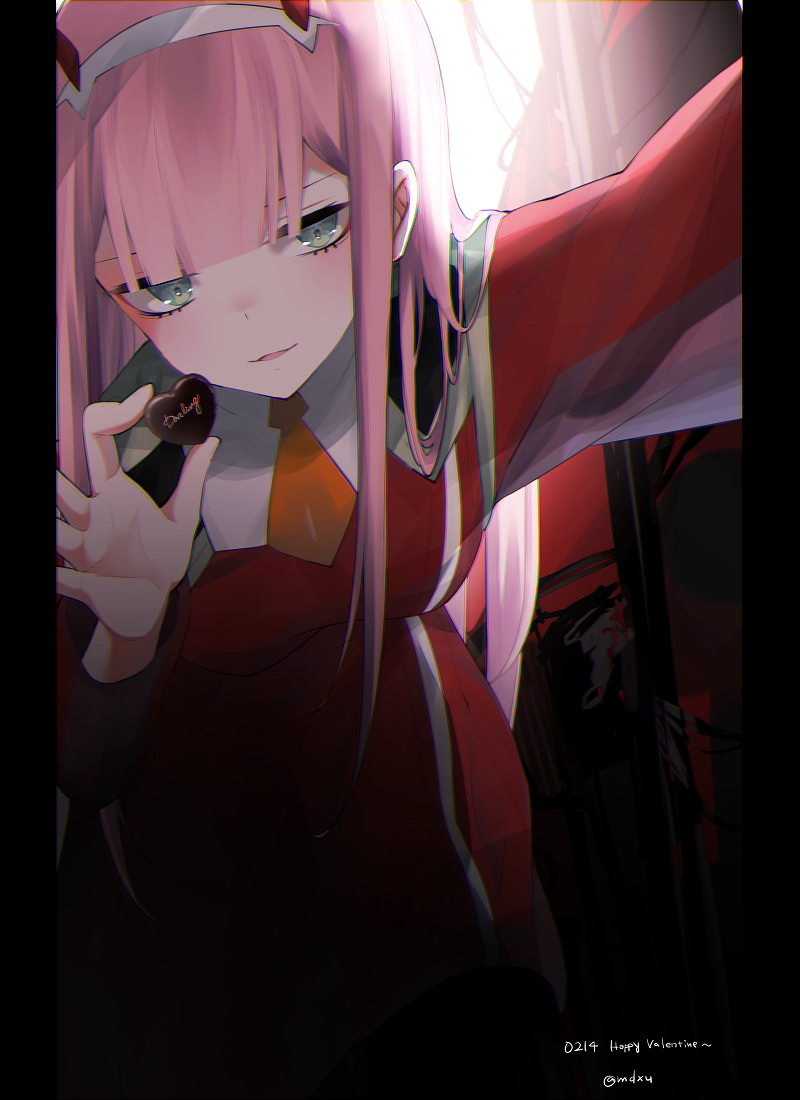 1girl bangs breasts chocolate darling_in_the_franxx food green_eyes hairband holding holding_chocolate holding_food horns long_hair looking_at_viewer medium_breasts mimelond oni_horns pink_hair red_horns solo white_hairband zero_two_(darling_in_the_franxx)