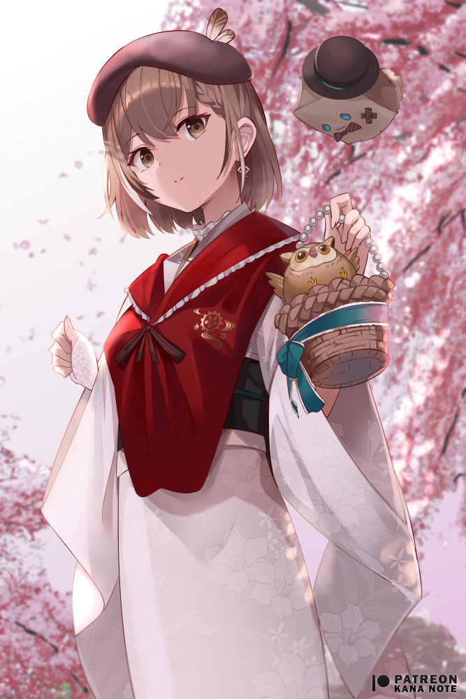 1girl bangs basket bird braid brown_eyes brown_hair brown_headwear closed_mouth commentary earrings english_commentary eyebrows_visible_through_hair fingerless_gloves floral_print friend_(nanashi_mumei) gloves hat_feather holding holding_basket hololive hololive_english japanese_clothes jewelry kananote kimono long_sleeves looking_at_viewer multicolored_hair nanashi_mumei owl patreon_username print_kimono short_hair single_glove solo streaked_hair virtual_youtuber white_gloves white_hair white_kimono