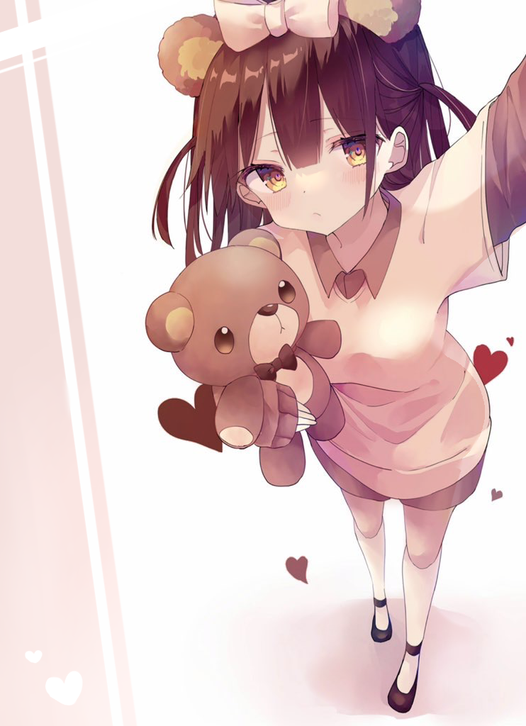 1girl animal_ears bangs bear_ears black_footwear blush bow breasts brown_necktie brown_shirt brown_shorts closed_mouth commentary eyebrows_visible_through_hair foreshortening full_body hair_behind_ear hair_between_eyes hair_bow hand_up heart holding holding_stuffed_toy holding_teddy_bear kneehighs long_hair looking_at_viewer medium_breasts necktie original pink_bow pov reaching_out shirt shoes short_twintails shorts sleeves_past_fingers sleeves_past_wrists solo stuffed_animal stuffed_toy suisei_1121 tan_shirt teddy_bear twintails white_background white_legwear yellow_eyes