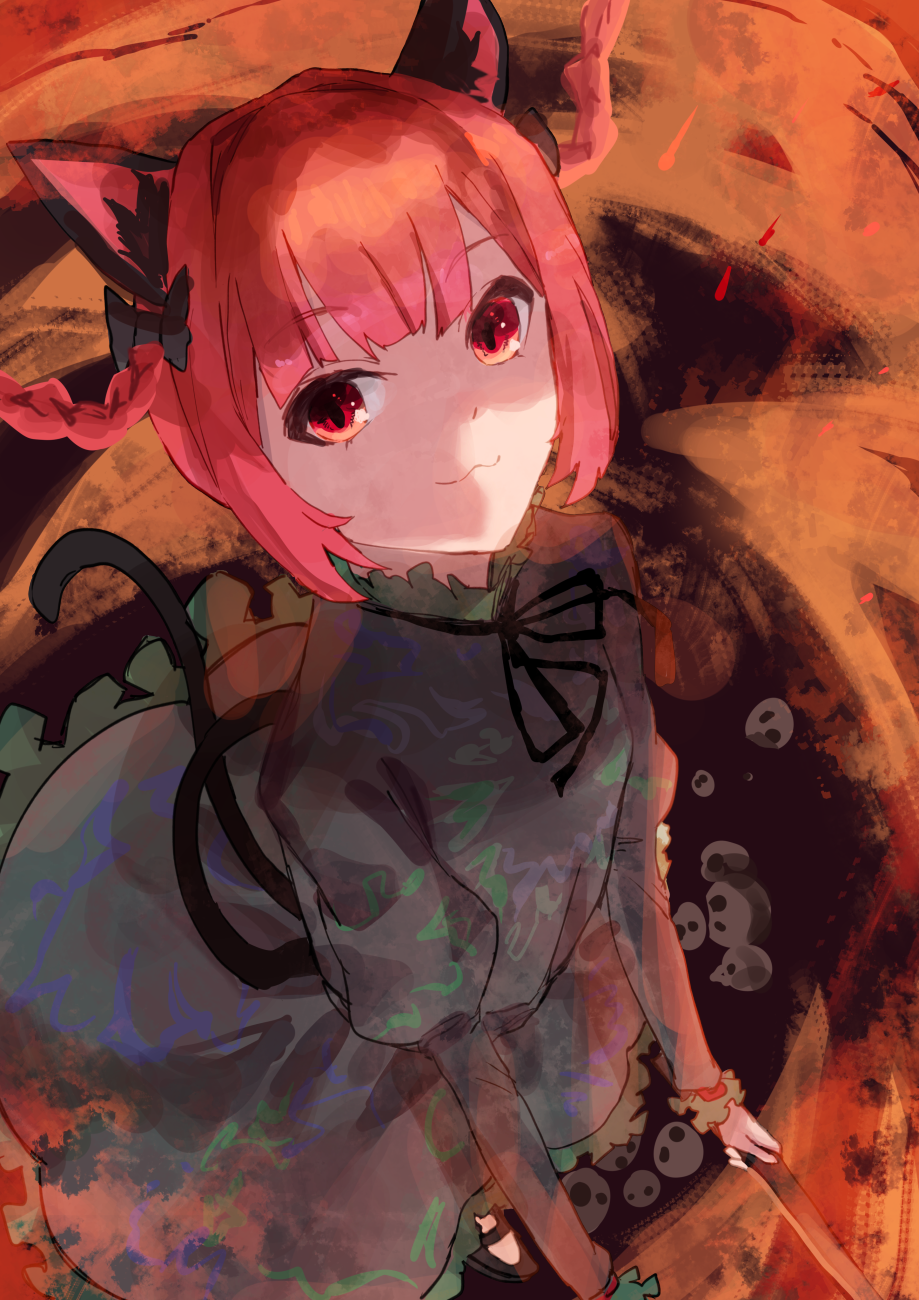 1girl :3 amano_kokoko animal_ear_fluff animal_ears bad_perspective bangs black_bow black_footwear black_ribbon blunt_bangs bow braid breasts cat_ears cat_tail closed_mouth dress embers eyebrows_visible_through_hair fire floating_hair foot_out_of_frame from_above green_dress hair_bow highres holding juliet_sleeves kaenbyou_rin long_hair long_sleeves looking_at_viewer mary_janes multiple_tails neck_ribbon nekomata one-hour_drawing_challenge petticoat puffy_sleeves red_eyes redhead ribbon shoes skull small_breasts solo tail touhou twin_braids two_tails