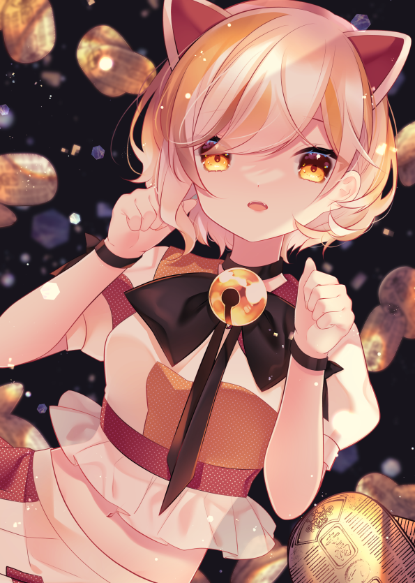 1girl animal_ears bangs bell black_bow bow bowtie breasts cacao_(cacaomgmg) calico cat_ears cat_girl cat_tail coin commentary_request crop_top dutch_angle gesture gold goutokuji_mike jingle_bell koban_(gold) maneki-neko medium_breasts medium_skirt midriff multicolored_clothes multicolored_hair multicolored_shirt multicolored_skirt navel neck_bell orange_eyes patch patchwork_clothes paw_pose short_hair skirt stomach streaked_hair tail touhou white_hair
