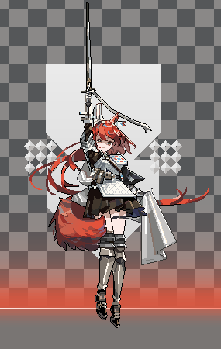 1girl animal_ears arknights armor armored_boots black_skirt boots brown_eyes checkered_background ear_covers flametail_(arknights) gamepix gauntlets grey_background grey_legwear hand_up highres holding holding_sword holding_weapon long_hair looking_at_viewer pixel_art pouch redhead skirt solo squirrel_ears squirrel_girl squirrel_tail sword tail thigh_strap weapon
