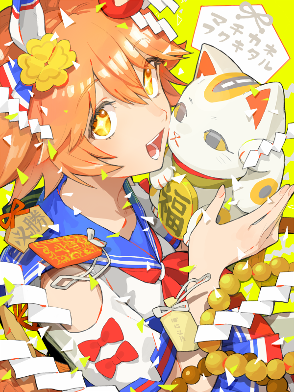 +_+ 1girl animal_ears bow character_request clothing_cutout commentary_request ear_covers eyebrows_visible_through_hair hair_ornament holding horse_ears looking_at_viewer michiru_(amphibian) omamori open_mouth orange_hair red_bow school_uniform shoulder_cutout smile teeth umamusume yellow_eyes