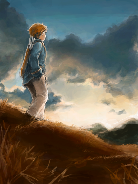 1boy arrow_(projectile) blue_shirt brown_hair clouds day field from_side gensou_suikoden gensou_suikoden_iv grass hand_in_pocket long_sleeves male_focus maru-pan mountainous_horizon nature pants quiver shirt short_hair sky solo standing ted_(suikoden) white_pants