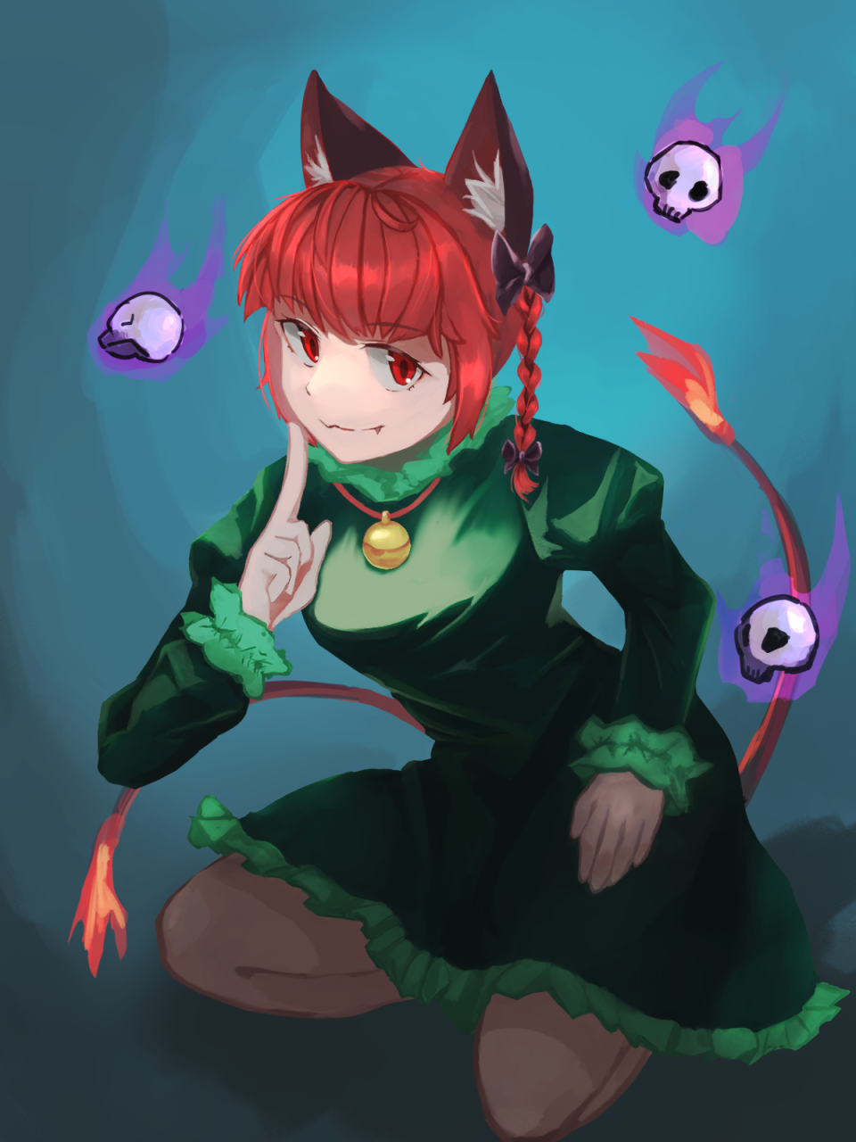 1girl animal_ear_fluff animal_ears bangs bell berkut-canard black_bow blue_background bow braid breasts brown_legwear cat_ears cat_tail closed_mouth dress eyebrows_visible_through_hair fang fang_out finger_to_mouth fire flame-tipped_tail flaming_skull floating_skull gradient gradient_background green_dress hair_bow hair_ribbon hand_up highres hitodama jingle_bell juliet_sleeves kaenbyou_rin kneeling long_sleeves looking_at_viewer medium_breasts multiple_tails nekomata pantyhose petticoat puffy_sleeves purple_fire red_eyes redhead ribbon shushing simple_background smile solo tail touhou tress_ribbon twin_braids twintails two_tails