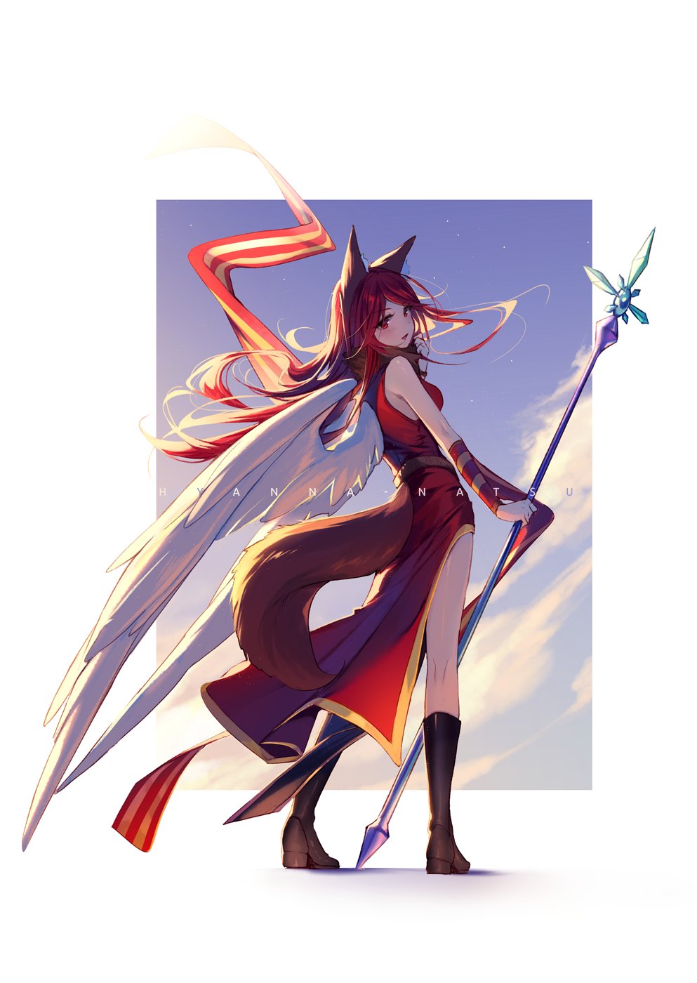 1girl animal_ears artist_name belt black_legwear blush breasts china_dress chinese_clothes clouds cloudy_sky commentary dress english_commentary feathers fox_ears fox_girl fox_tail highres hyanna-natsu looking_at_viewer looking_back medium_breasts original polearm red_dress red_eyes redhead ribbon shoes sky smile socks spear star_(sky) starry_sky tail weapon wings wrist_ribbon