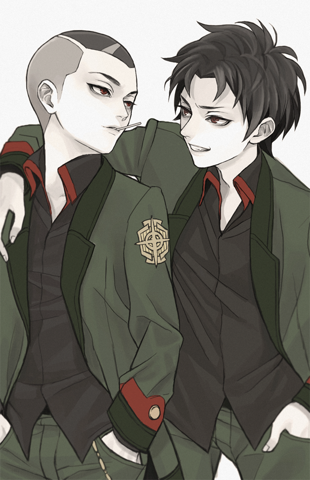 2boys arm_around_shoulder bangs black_hair black_shirt chain collared_shirt cowboy_shot danball_senki_wars dress_shirt emblem eye_contact green_jacket green_pants grin hand_in_pocket hands_in_pockets hot ishikawa_takehiro itan_kyouji jacket long_sleeves looking_at_another looking_away looking_to_the_side male_focus mouth_hold multiple_boys murasaki_(fioletovyy) open_clothes open_jacket pants red_eyes shirt short_hair simple_background smile undercut upper_body very_short_hair white_background
