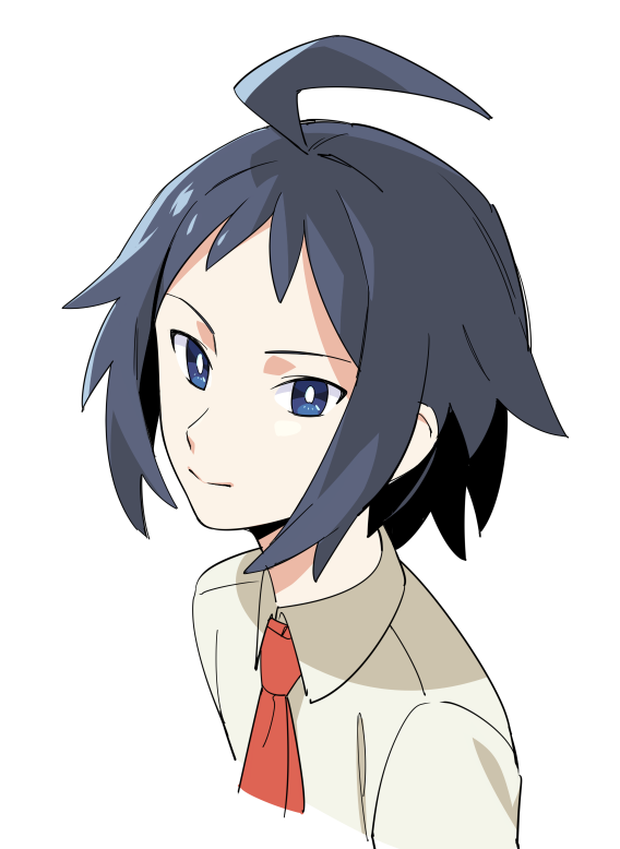 1boy ahoge bangs black_hair blue_eyes bright_pupils cheren_(pokemon) closed_mouth collared_shirt commentary_request male_focus momoji_(lobolobo2010) necktie pokemon pokemon_(game) pokemon_bw2 red_necktie shirt short_hair simple_background smile solo upper_body white_background white_pupils white_shirt