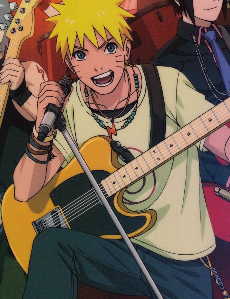 1boy 2boys artist_request bass_guitar blonde_hair blue_eyes concert electric_guitar english_commentary facial_mark guitar holding holding_microphone instrument male_focus microphone multiple_boys music naruto naruto_(series) ninja official_art playing_instrument short_hair singing smile solo_focus spiky_hair stage stage_lights teeth uzumaki_naruto whisker_markings