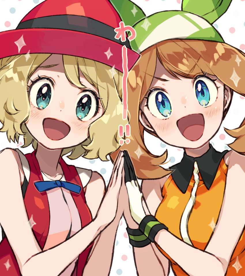 2girls :d bandana bangs bare_arms blonde_hair blue_eyes blue_ribbon blush collarbone collared_dress commentary_request dress eyelashes gloves green_bandana green_eyes hands_up hat may_(pokemon) multiple_girls neck_ribbon open_mouth orange_dress pokemon pokemon_(anime) pokemon_dppt_(anime) pokemon_xy_(anime) red_headwear ribbon sasairebun serena_(pokemon) short_hair sleeveless smile sparkle tongue white_gloves