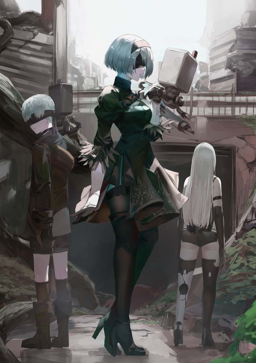 1boy 2girls armlet ass black_footwear black_gloves black_hairband blazpu blindfold boots city cleavage_cutout clothing_cutout covered_eyes drone elbow_gloves feather-trimmed_sleeves feather_trim from_behind gloves hairband high_heel_boots high_heels highres juliet_sleeves long_sleeves multiple_girls nier_(series) nier_automata no_humans outdoors overgrown pod_(nier_automata) post-apocalypse puffy_sleeves railing robot ruins silver_hair standing tank_top thigh-highs thigh_boots thighhighs_under_boots yorha_no._2_type_b yorha_no._9_type_s yorha_type_a_no._2