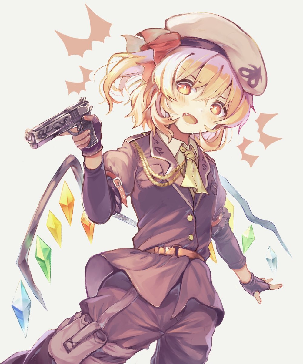 1girl :d alternate_costume ascot bangs belt black_gloves blonde_hair brown_jacket collared_shirt crystal eyebrows_visible_through_hair fang fingerless_gloves flandre_scarlet gloves gun highres holding holding_gun holding_weapon jacket long_sleeves looking_at_viewer one_side_up open_mouth red_eyes sekisei_(superego51) shirt short_hair simple_background smile solo touhou weapon white_background white_shirt wings yellow_ascot