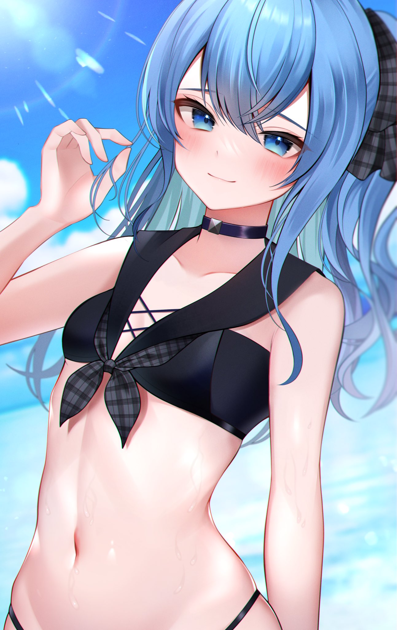1girl arm_up bangs bare_arms bare_shoulders bikini black_bikini black_choker black_ribbon black_sailor_collar blue_eyes blue_hair blue_sky blush choker closed_mouth clouds day eye_focus eyebrows_visible_through_hair hair_ribbon highres hololive hoshimachi_suisei lens_flare long_hair looking_at_viewer namagome_negi navel ocean one_side_up revision ribbon sailor_bikini sailor_collar skindentation sky smile solo stomach sunlight swimsuit upper_body virtual_youtuber