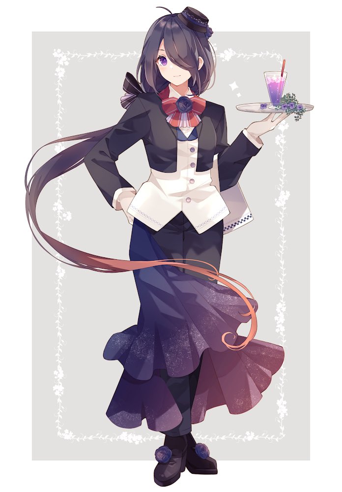 1girl ahoge alternate_costume ariake_(kancolle) black_footwear black_headwear black_pants blush boots border buttons closed_mouth cup drink drinking_glass drinking_straw flower full_body gradient_hair hair_over_one_eye hat high_heel_boots high_heels holding holding_tray kantai_collection long_hair long_sleeves low_ponytail mini_hat multicolored_hair pants purple_flower purple_hair shakemi_(sake_mgmgmg) smile solo tilted_headwear tray very_long_hair violet_eyes white_border