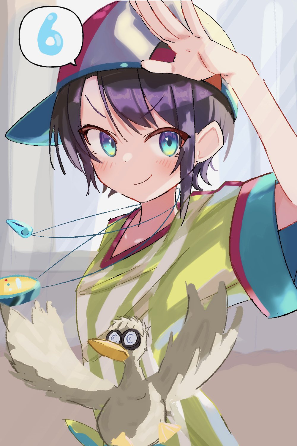 1girl arm_up backwards_hat bangs baseball_cap bird black_hair blush character_request closed_mouth commentary_request eyebrows_visible_through_hair grey_background hat highres hololive looking_at_viewer nosu_(pewk_x4b) oozora_subaru outstretched_arm purple_hair shirt short_hair simple_background smile solo speech_bubble spoken_number striped striped_shirt v-shaped_eyebrows vertical-striped_shirt vertical_stripes virtual_youtuber whistle