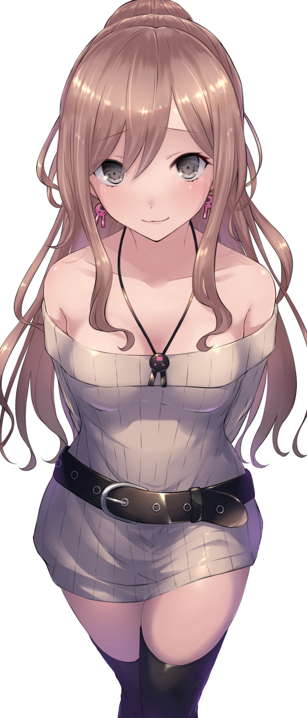 1girl arms_behind_back bang_dream! bangs bare_shoulders belt black_belt black_legwear breasts brown_hair bunny_earrings closed_mouth collarbone commentary_request cowboy_shot dress earrings eyebrows_visible_through_hair grey_eyes grey_sweater hair_between_eyes highres imai_lisa jewelry long_hair looking_at_viewer medium_breasts necklace off-shoulder_sweater off_shoulder pendant ponytail ribbed_sweater saikuu sidelocks simple_background smile solo standing sweater sweater_dress thigh-highs wavy_hair white_background