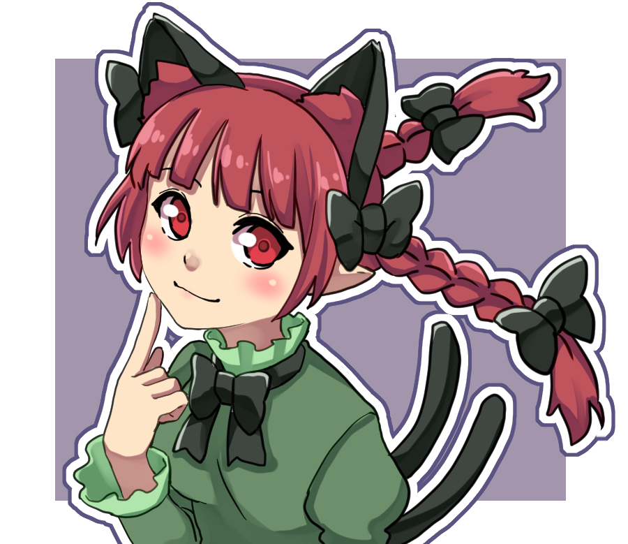 1girl animal_ear_fluff animal_ears bangs black_bow black_bowtie blunt_bangs blush border bow bowtie braid cat_ears cat_tail closed_mouth dress extra_ears eyebrows_behind_hair finger_to_own_chin floating_hair frills green_dress hair_bow hair_ribbon hand_up juliet_sleeves kaenbyou_rin long_hair long_sleeves looking_at_viewer multiple_tails nekomata outline outside_border pointy_ears puffy_sleeves purple_background red_eyes redhead renshirenji ribbon simple_background smile solo tail touhou tress_ribbon twin_braids twintails two_tails upper_body white_border white_outline