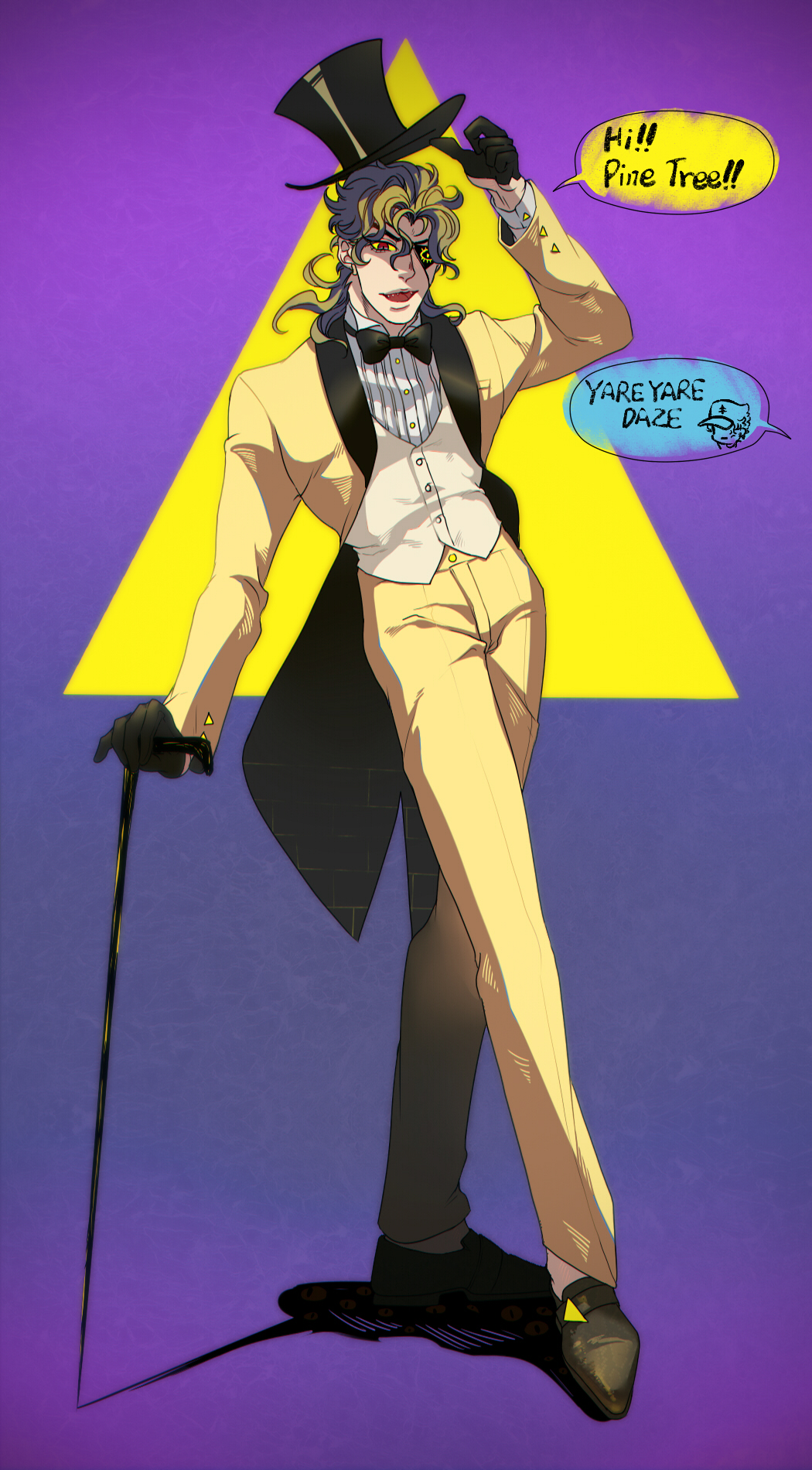 1boy alternate_costume bill_cipher bill_cipher_(cosplay) black_gloves bow bowtie cane cosplay dio_brando formal gloves gravity_falls hat highres jojo_no_kimyou_na_bouken kujo_jotaro less_end not_present pyramid solo stardust_crusaders suit three-piece_suit top_hat triangle tuxedo vest waistcoat yellow_suit
